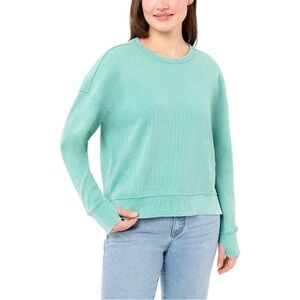 SEVEN 7 Women’s Plus Waffle Crewneck/Stonewashed Mottled Dye/Thumb Holes/Green